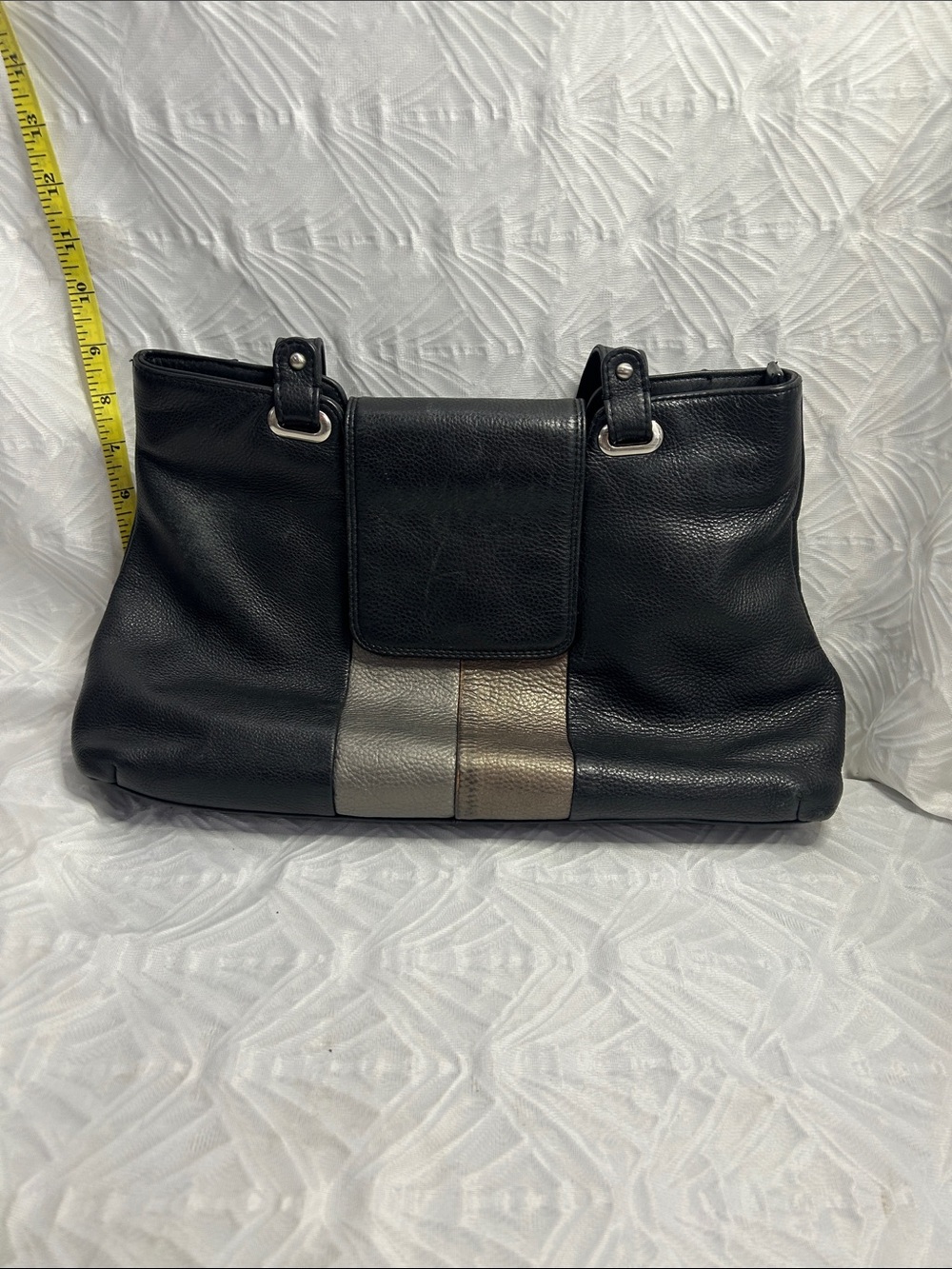 Black Leather Shoulder Bag with Metallic Accent Panel